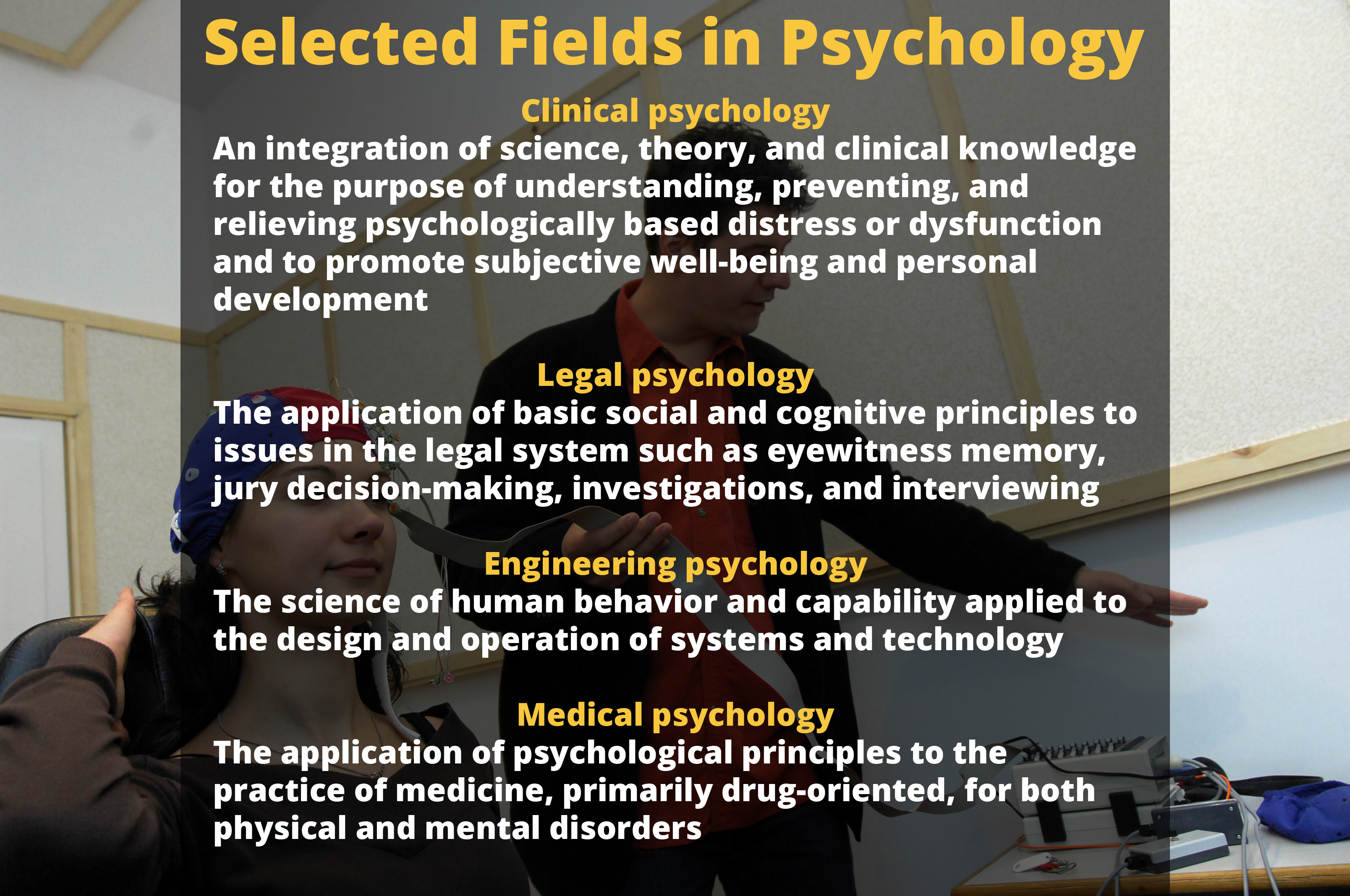 Selected Fields in Psychology, such as clinical, legal, engineering, and medical psychology