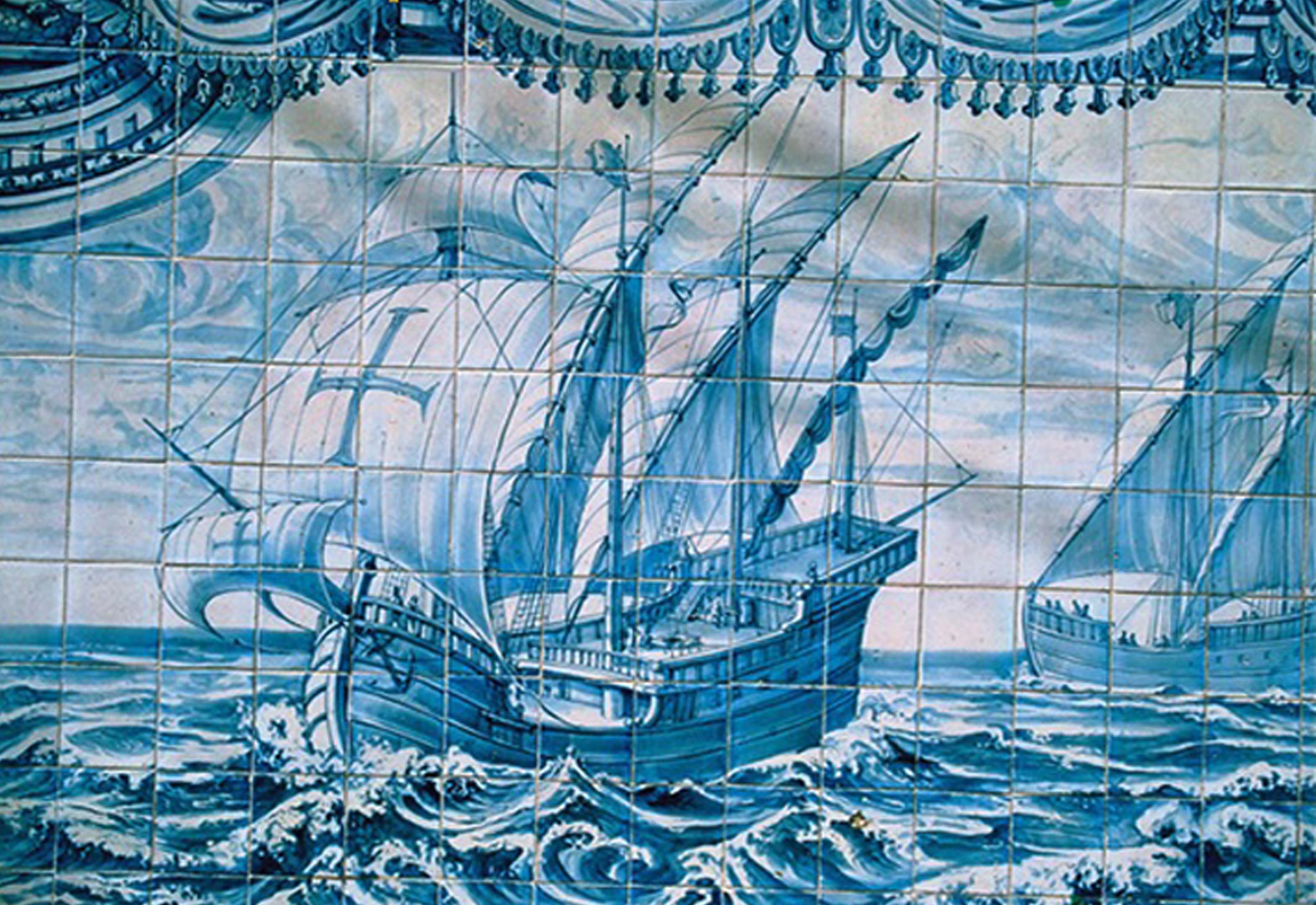 Portuguese Caravel, in blue azuelos tiles