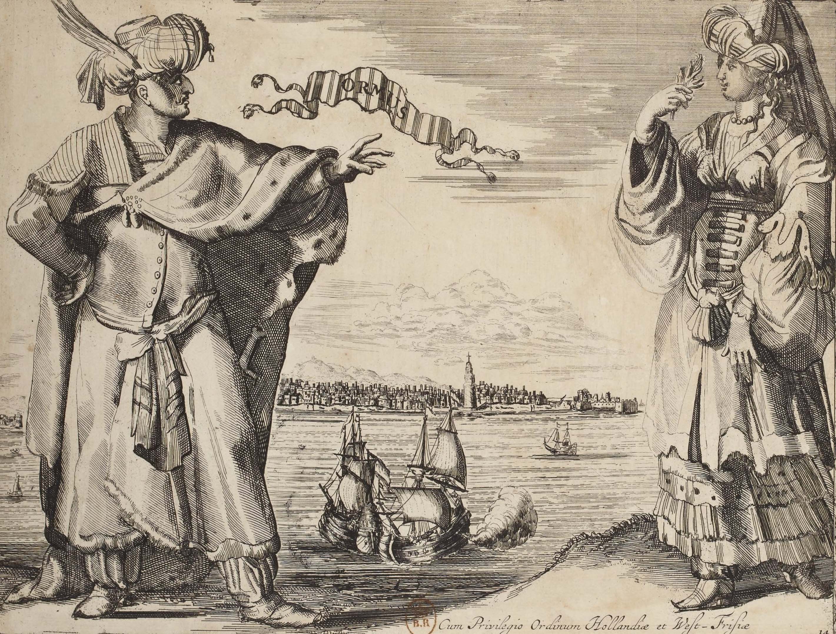 Engraving featuring the style of dress in Hormuz, Otto Luycken, 1670